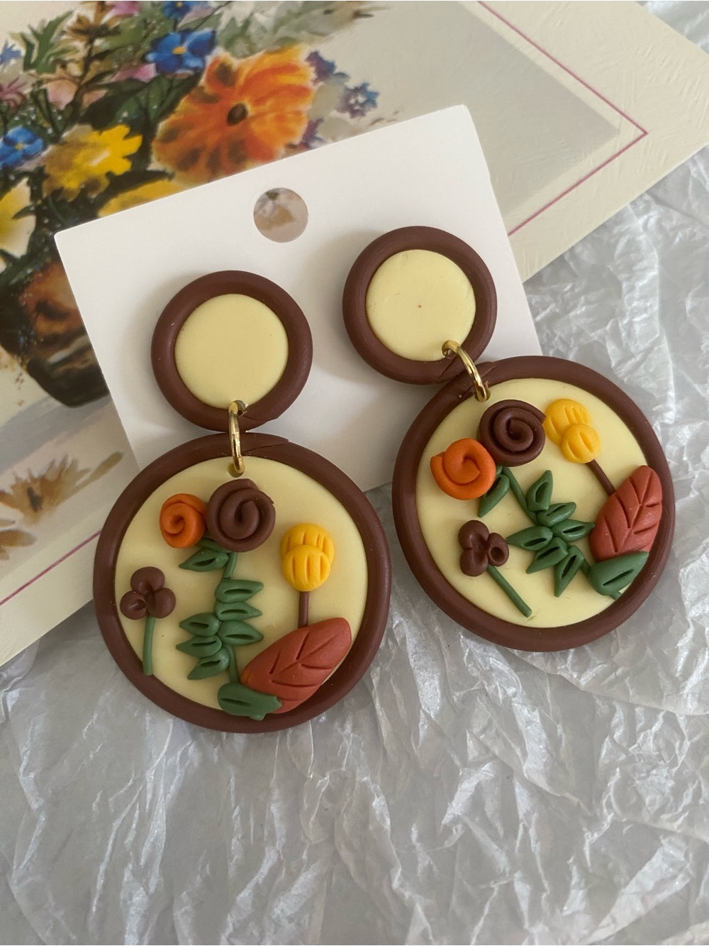 Handmade Floral Polymer Clay Drop Earrings in Cream and Brown